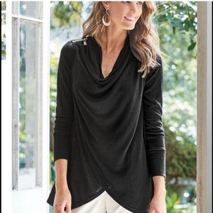 Soft Surroundings Black Zipper Shoulder Drapey Cardigan Sweater Cowl Neck Size M